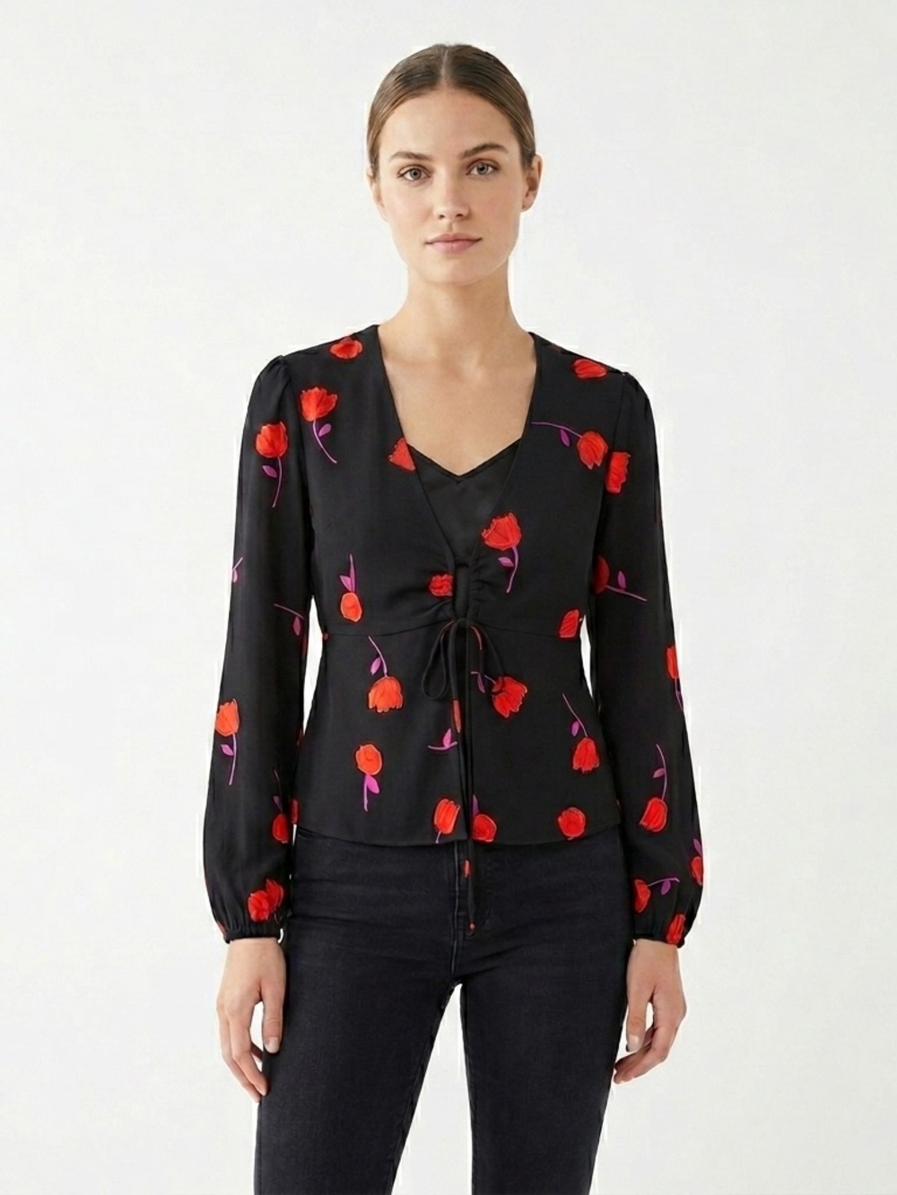Urban Outfitters Black Red Tulip Keyhole Tie-Front Blouse M